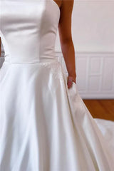 A-Line Strapless Satin Sweep Train Lace Appliques Wedding Dresses With Pockets