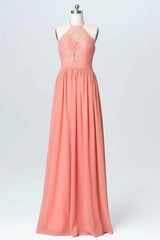 Lace Long Chiffon Peach Bridesmaid Dresses