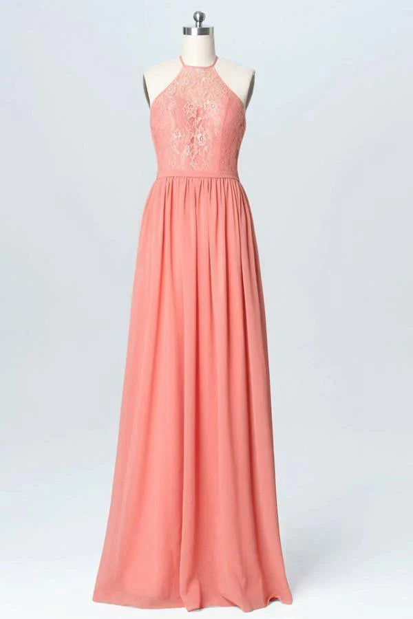 Lace Long Chiffon Peach Bridesmaid Dresses