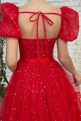 Red Tulle Short A-Line Prom Dresses, Cute Evening Party Dresses