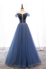 Blue Tulle Beading Long Prom Dresses, A-Line Evening Dresses