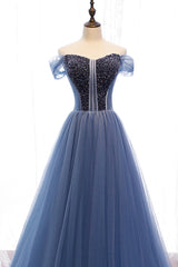 Blue Tulle Beading Long Prom Dresses, A-Line Evening Dresses