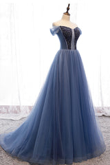Blue Tulle Beading Long Prom Dresses, A-Line Evening Dresses