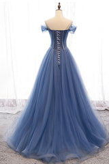 Blue Tulle Beading Long Prom Dresses, A-Line Evening Dresses