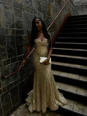 Vintage Shiny Beaded Prom Dress Long Mermaid Evening Dress Strapless Formal Dress HZ1024