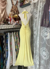 Vintage Yellow Beaded Sweetheart Prom Dress Embroidery Evening Dress Long Mermaid Halter-neck Formal Dress HZ1024
