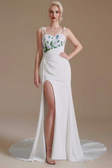 Straps Appliques Backless Sheath Bridal Gown with Slit