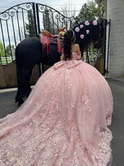 Elegant Pink Sweetheart Applique Off-the-shoulder Sweet 16 Quinceanera A-Line Tulle Floor-length Prom Dress Birthday Dress Evening Dress Ball Gown HZ1024