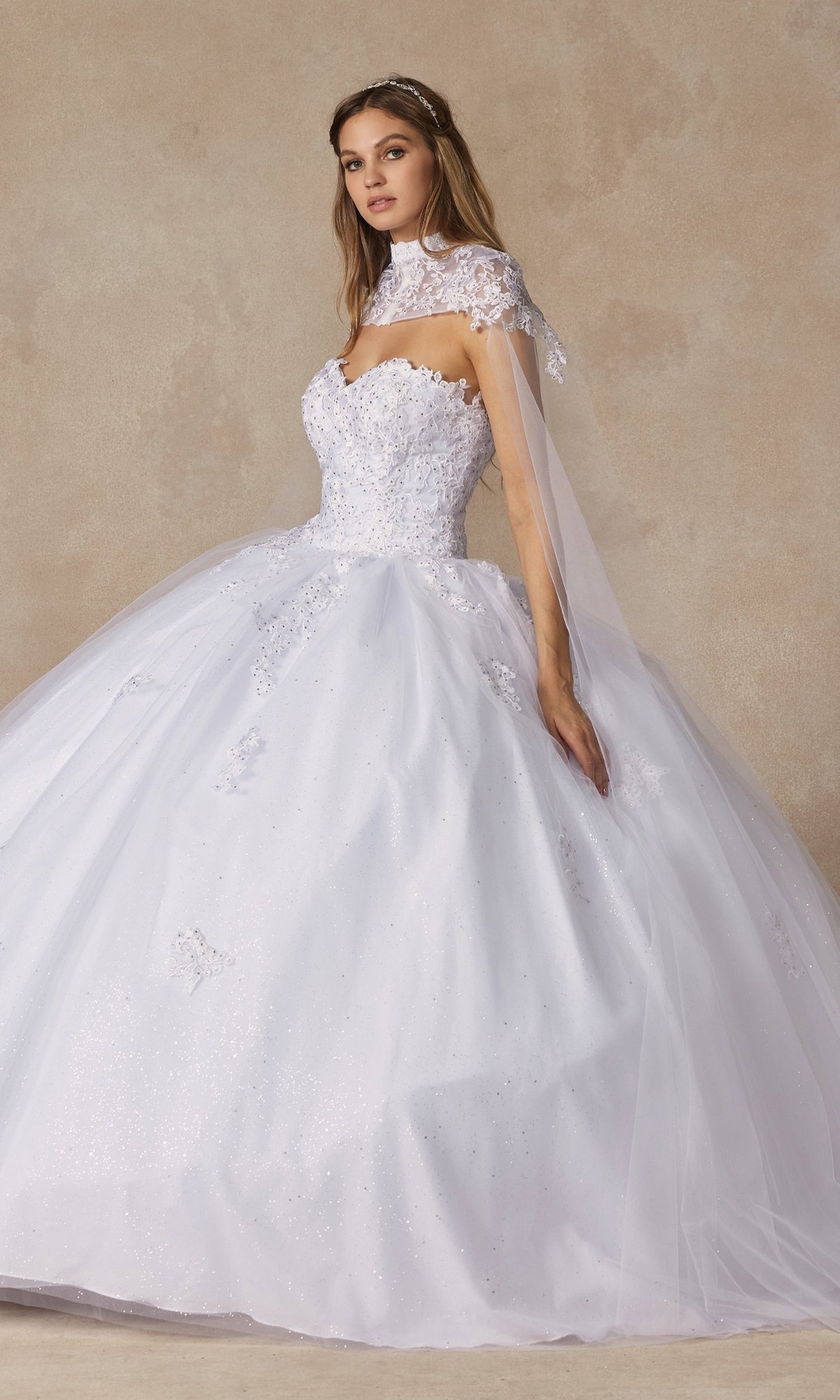 Juliet 1440 White Quinceañera Dress with Arms Cape