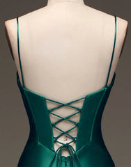 Wholesale Simple Dark Green Spaghetti Straps Lace Up Long Tight Satin Prom Dress prom clothing