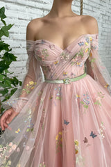 Pink Tulle Lace Short Prom Dress, Long Sleeve Evening Graduation Dress
