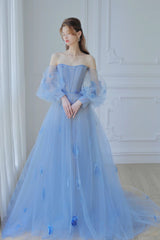 Blue Tulle Long Sleeve Prom Dress, Off the Shoulder Evening Graduation Dress
