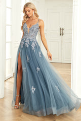 A Line Spaghetti Straps Grey Blue Long Prom Dress with Appliques Sexy