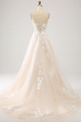 A-Line Sweetheart Corset Long Sweep Train Tulle Wedding Dress With Appliques Off Shoulder
