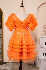 Orange Sweetheart Ruffle A-Line Short Dress with Puff Sleeves