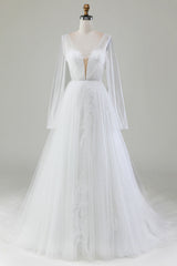 A-Line V-Neck Tulle Sweep Train Wedding Dress With Long Sleeves Sexy