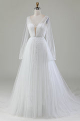 A-Line V-Neck Tulle Sweep Train Wedding Dress With Long Sleeves Sexy