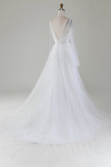 A-Line V-Neck Tulle Sweep Train Wedding Dress With Long Sleeves Sexy