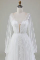 A-Line V-Neck Tulle Sweep Train Wedding Dress With Long Sleeves Sexy