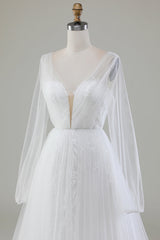 A-Line V-Neck Tulle Sweep Train Wedding Dress With Long Sleeves Sexy