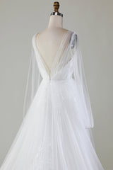 A-Line V-Neck Tulle Sweep Train Wedding Dress With Long Sleeves Sexy
