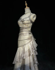 Vintage Silvery A-Line Prom Dress Long Ruffle Evening Dress Spaghetti Strap Tiered Formal Dress HZ1024