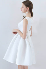 White Satin Short Prom Dresses, A-Line Cocktail dresses with Bow