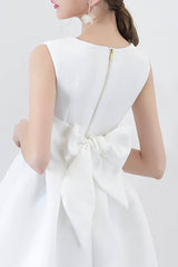 White Satin Short Prom Dresses, A-Line Cocktail dresses with Bow