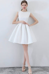 White Satin Short Prom Dresses, A-Line Cocktail dresses with Bow