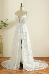 White A-Line Spaghetti Straps Sweep Train Boho Wedding Dress with Slit Sexy