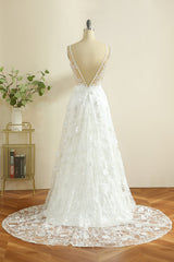 White A-Line Spaghetti Straps Sweep Train Boho Wedding Dress with Slit Sexy