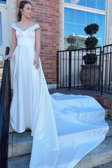 White V-Neck High-Waist A-Line Long Chapel Train Wedding Dress