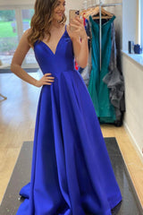 Blue V-Neck Satin Long Prom Dresses, Simple Evening Party Dresses