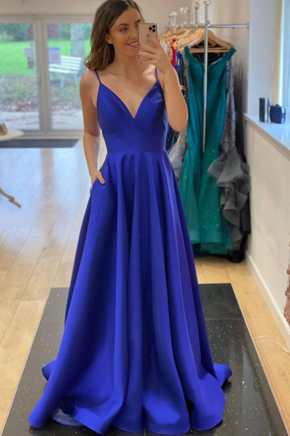 Blue V-Neck Satin Long Prom Dresses, Simple Evening Party Dresses