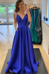 Blue V-Neck Satin Long Prom Dresses, Simple Evening Party Dresses