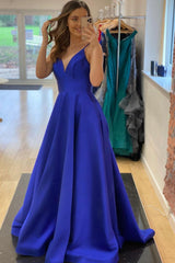 Blue V-Neck Satin Long Prom Dresses, Simple Evening Party Dresses