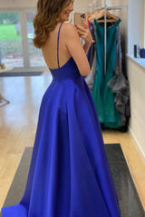 Blue V-Neck Satin Long Prom Dresses, Simple Evening Party Dresses