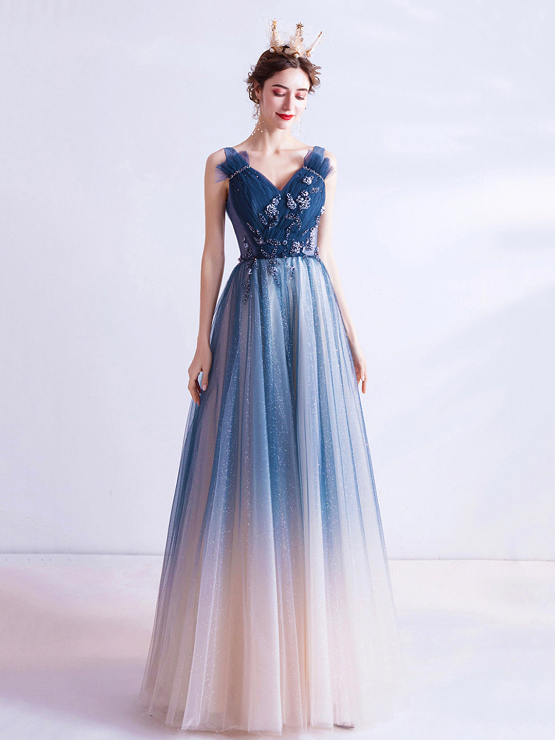 Blue V Neck Gradient Tulle Prom Dress with Beaded, Long A-Line Evening Dress