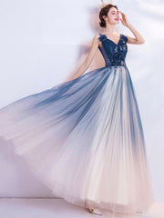 Blue V Neck Gradient Tulle Prom Dress with Beaded, Long A-Line Evening Dress