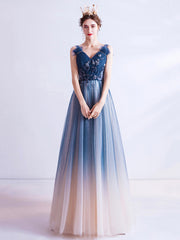 Blue V Neck Gradient Tulle Prom Dress with Beaded, Long A-Line Evening Dress