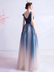 Blue V Neck Gradient Tulle Prom Dress with Beaded, Long A-Line Evening Dress