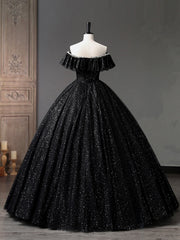 Black Tulle Long A-Line Prom Dress, Shiny Off Shoulder Evening Dress