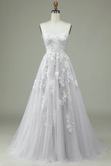 Ivory A Line Sweep Train Tulle Backless Wedding Dress with Lace Open Back