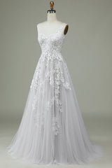 Ivory A Line Sweep Train Tulle Backless Wedding Dress with Lace Open Back