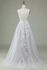 Ivory A Line Sweep Train Tulle Backless Wedding Dress with Lace Open Back