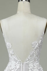 Ivory A Line Sweep Train Tulle Backless Wedding Dress with Lace Open Back