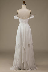 Ivory Asymmetrical Boho Chiffon Wedding Dress with Lace Off Shoulder
