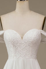Ivory Asymmetrical Boho Chiffon Wedding Dress with Lace Off Shoulder