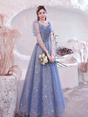 Blue tulle long prom dress, Blue A line evening dress