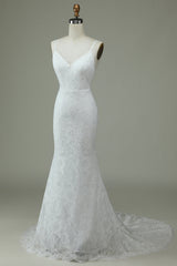 White Mermaid Spaghetti Straps Backless Wedding Dress with Lace V-neck